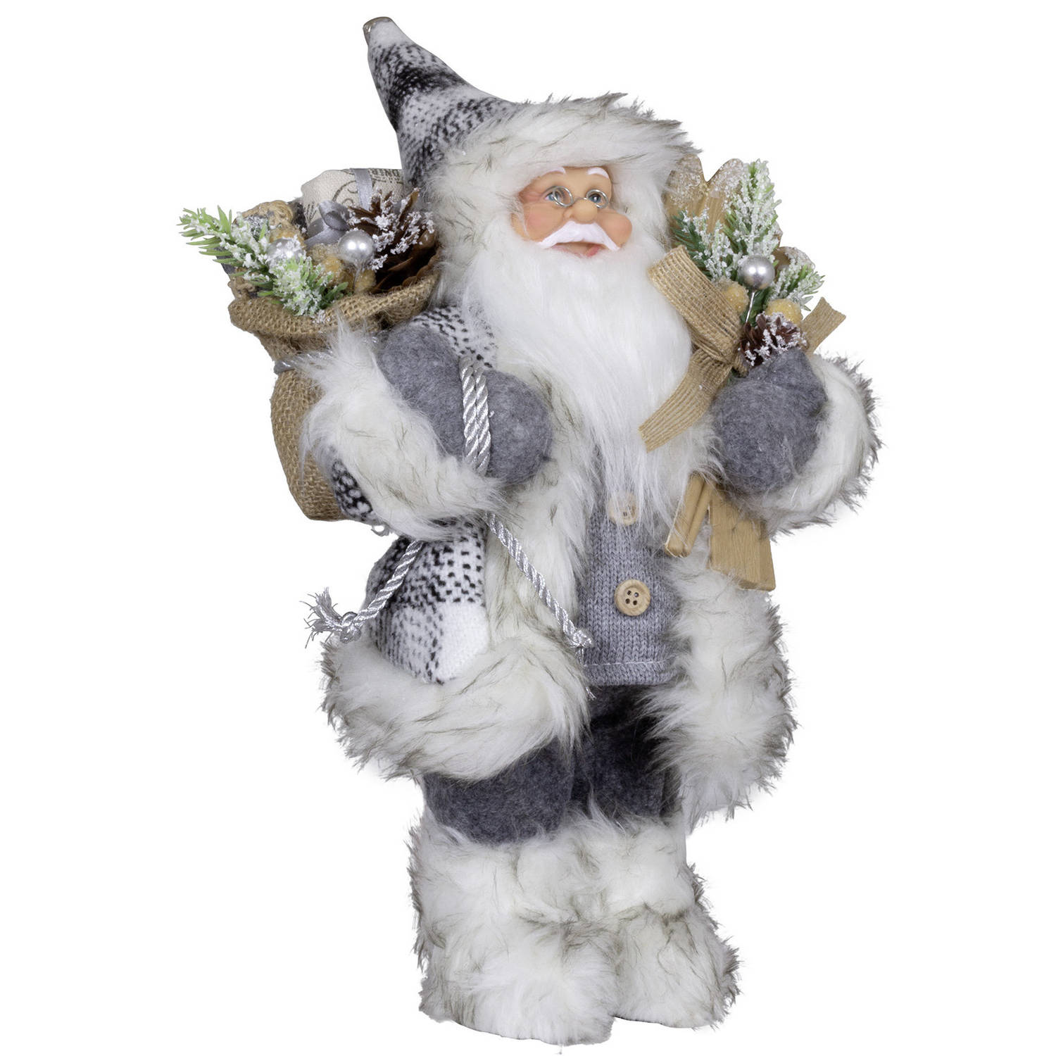 Kerstman decoratie pop - H30 cm - grijs - staand - kerst beeld - kerst figuur