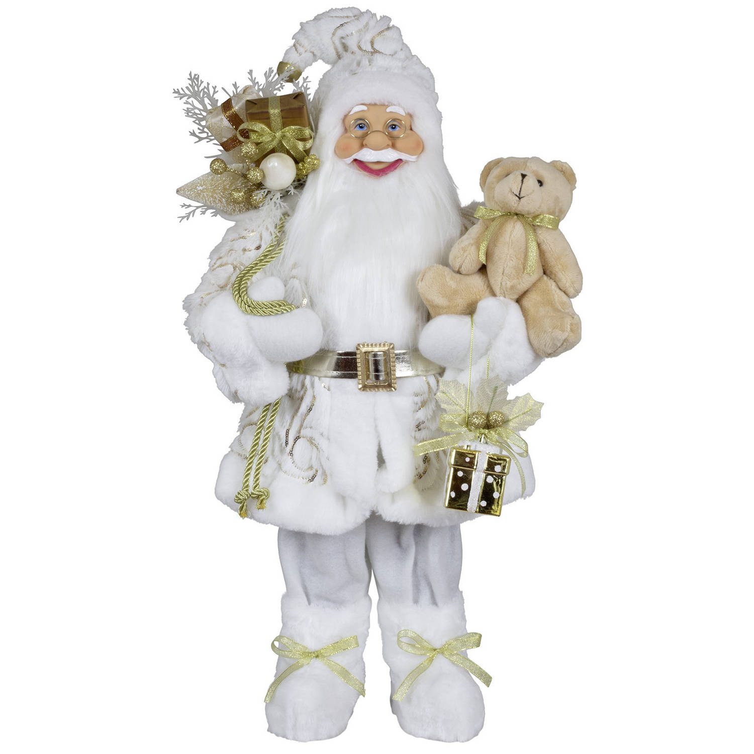 Kerstman decoratie pop Victor - H60 cm - wit - staand - kerst beeld - kerst figuur