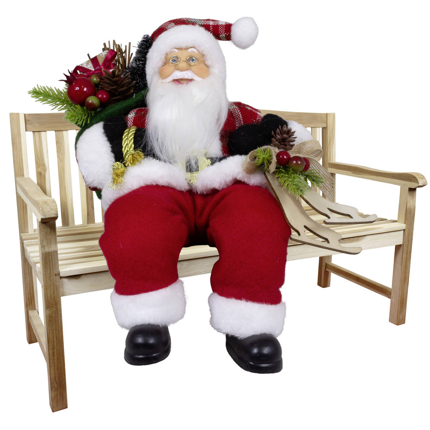 Kerstman decoratie pop Karel - H30 cm - rood - zittend - kerst beeld - kerst figuur
