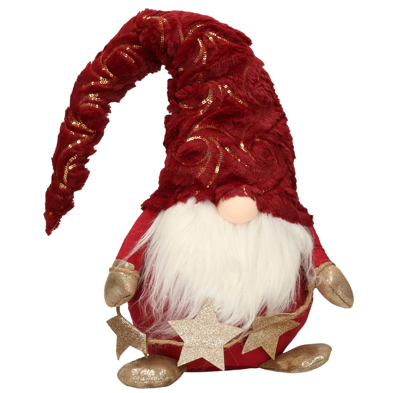 Decoratie pop gnome-kabouter 39 cm rood met goud Kerstman pop