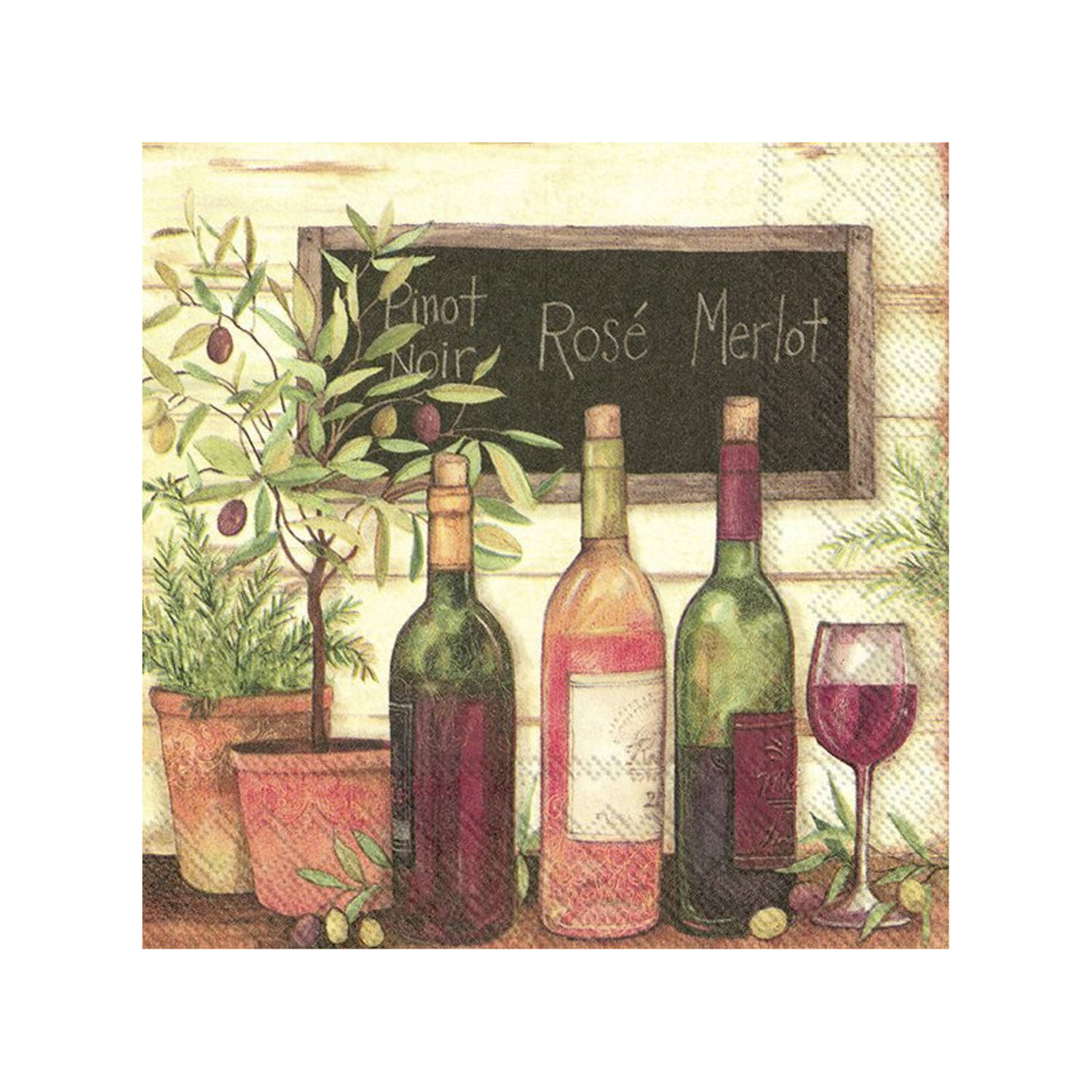 20x Gekleurde 3-laags servetten wijn/olijven 33 x 33 cm - Wijn/olijven thema