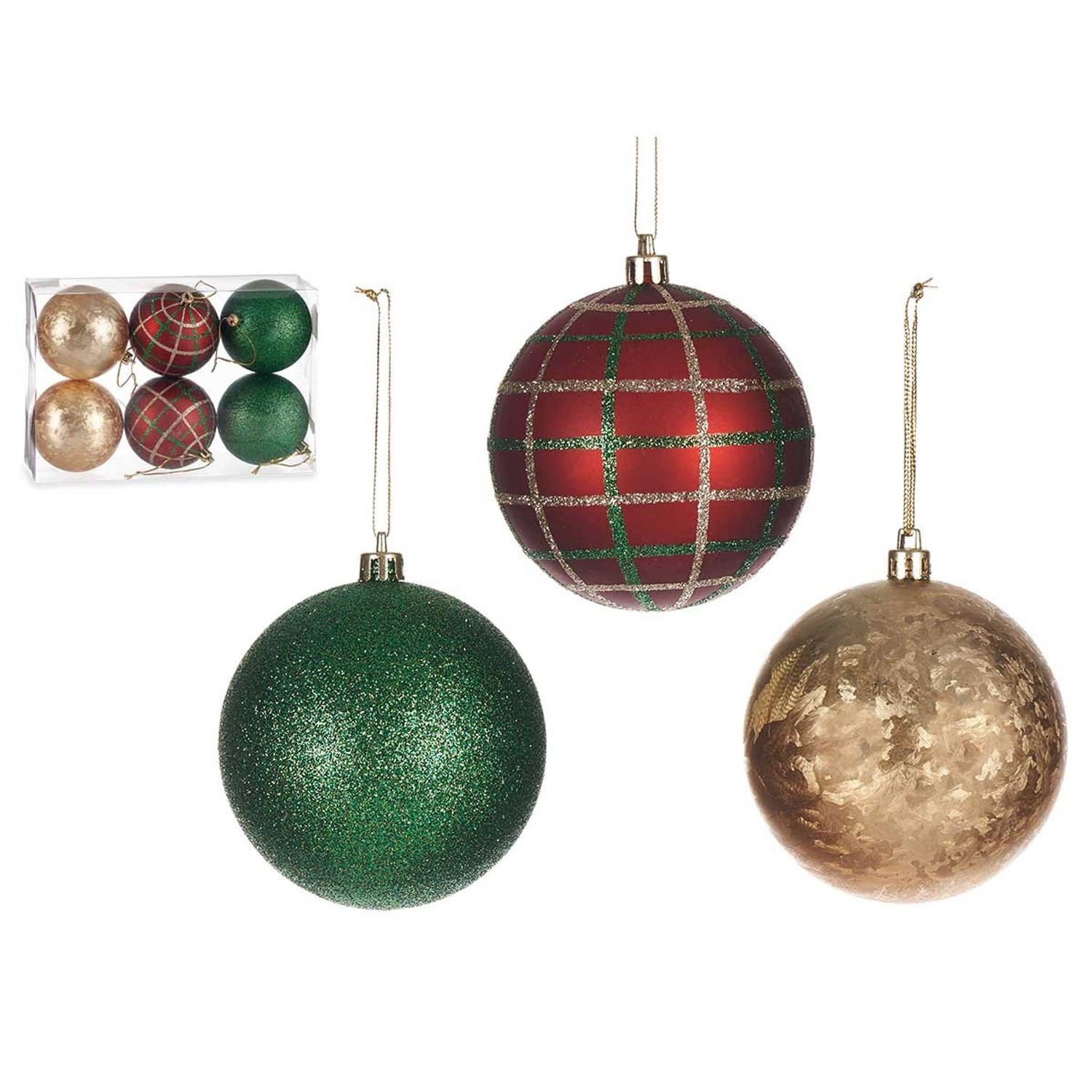 Arte R gedecoreerde kerstballen - 6x -rood/groen/goud -kunststof -8 cm