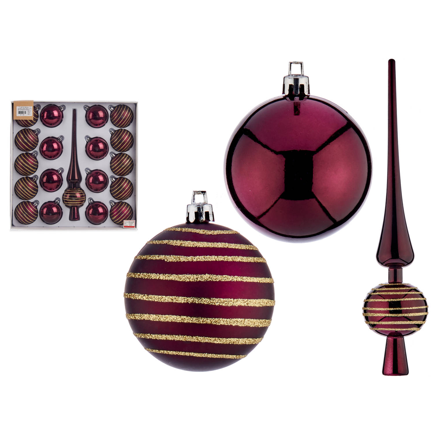 Arte R kerstballen 6 cm - met piek - 19-delig - wijn/bordeaux rood - kunststof