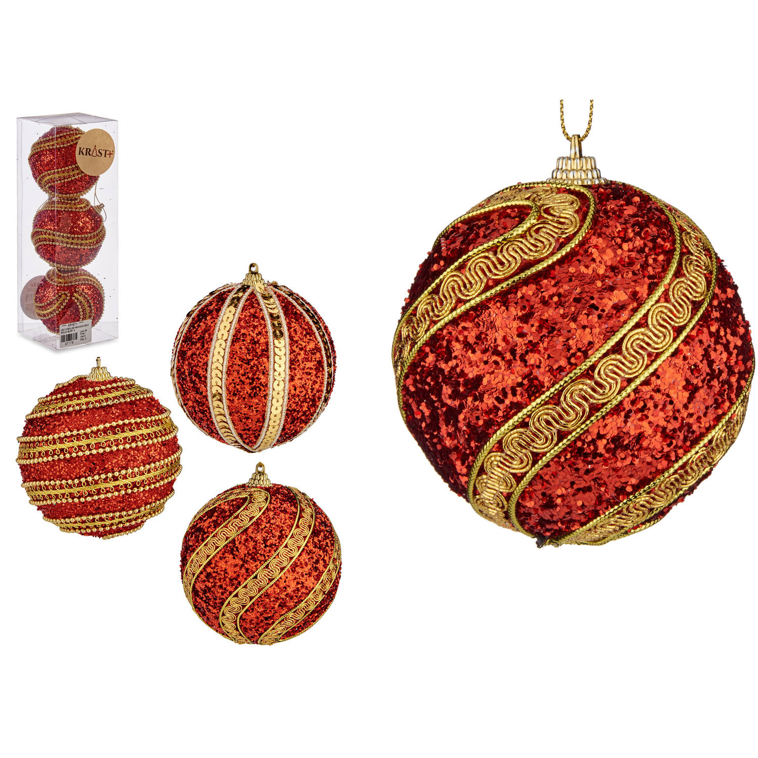 Krist+ kerstballen - 3x stuks - rood/goud - kunststof - gedecoreerd -8 cm - Kerstbal