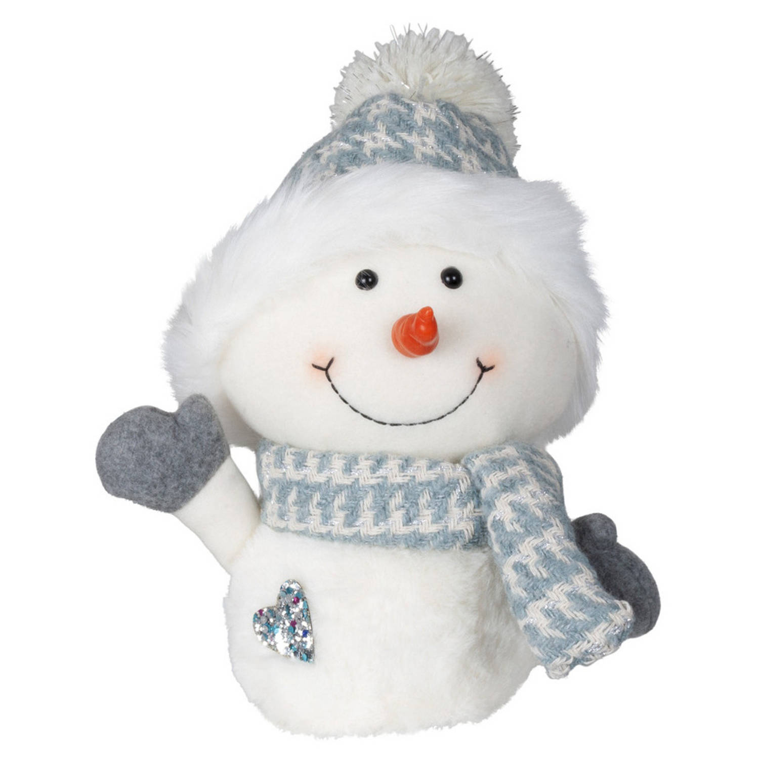 Pluche decoratie sneeuwpop 27 cm blauw met sjaal en muts Kerstman pop
