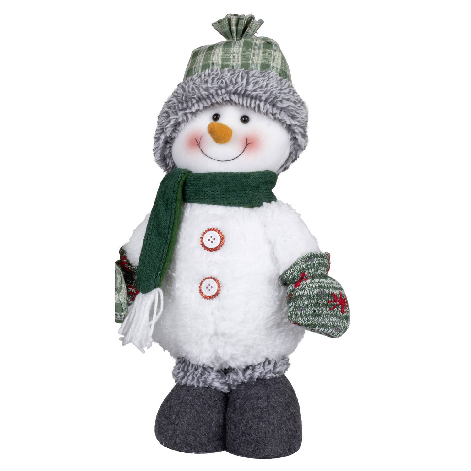 Pluche decoratie sneeuwpop 40 cm pop met geruite muts Kerstman pop