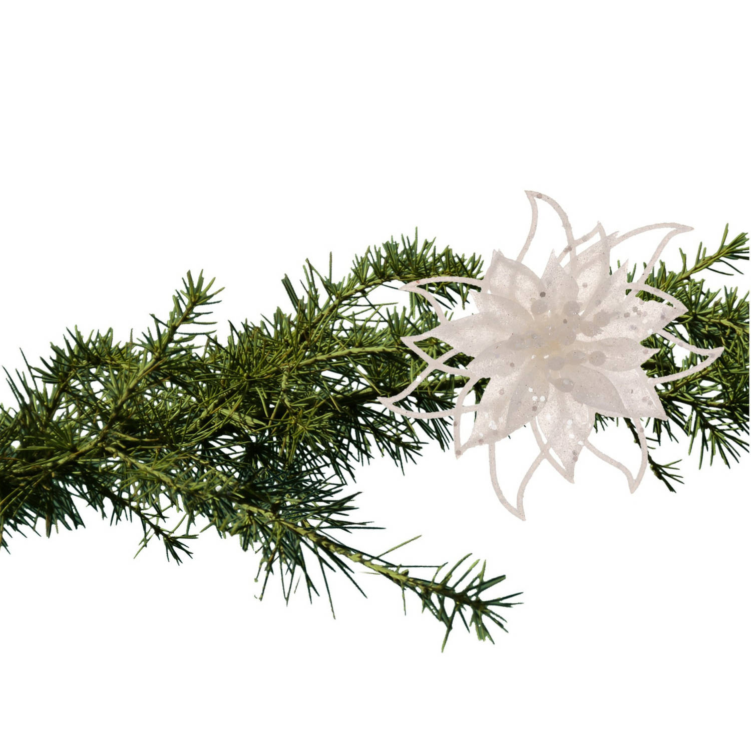 Cosy and Trendy kerst bloem op clip wit -14 cm -glitters kunststof Kersthangers