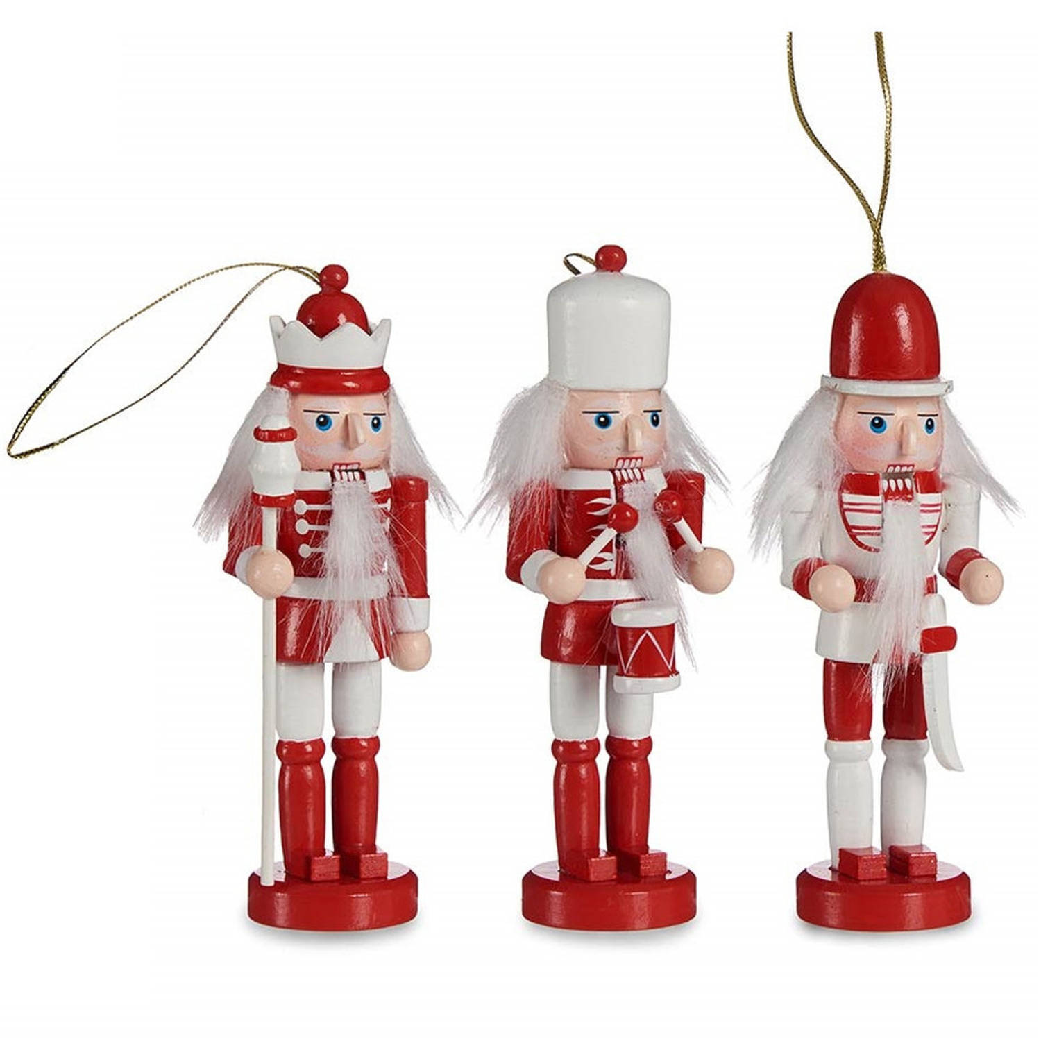 Arte R kersthangers notenkrakers/soldaten poppetjes - 3x - rood/wit 12,5 cm -hout