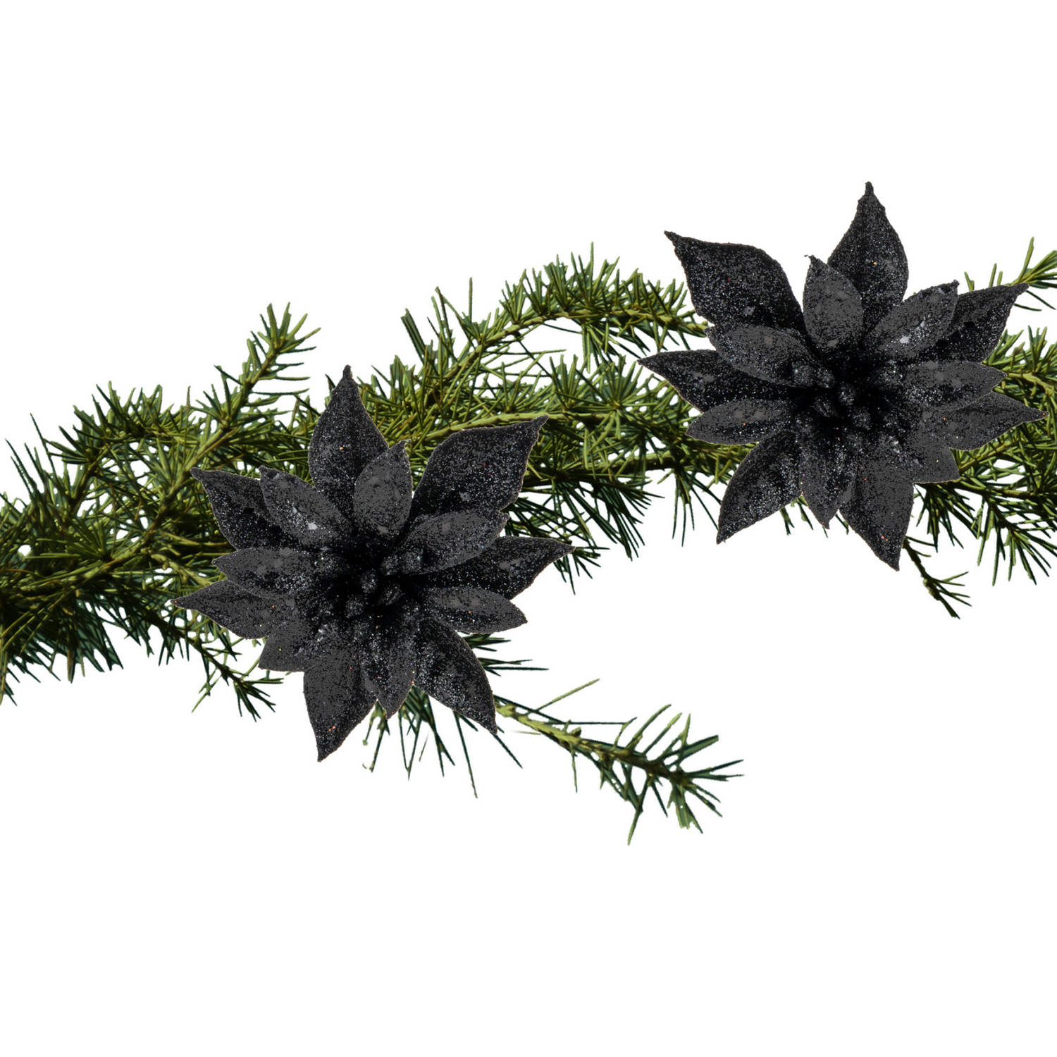 Cosy and Trendy kerst bloemen op clip 2x- zwart -8 cm glitters Kersthangers