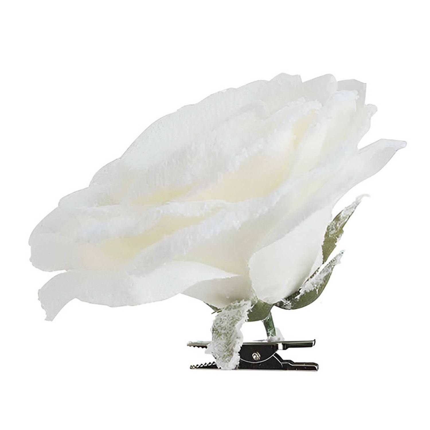 1x Kerstversieringen witte roos met sneeuw op clip 15 x 5 cm Kersthangers