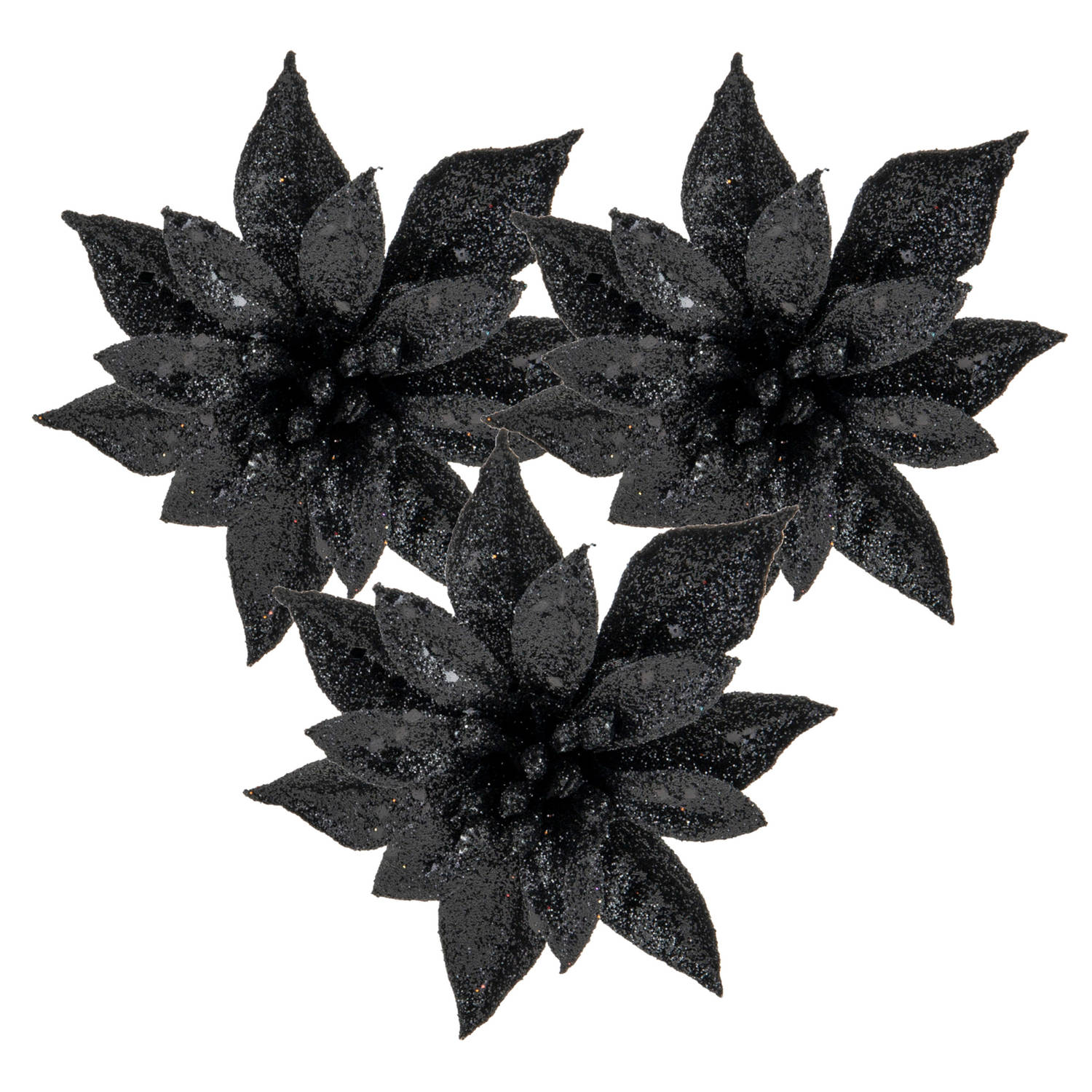 Cosy and Trendy kerst bloemen op clip 3x- zwart -8 cm glitters Kersthangers