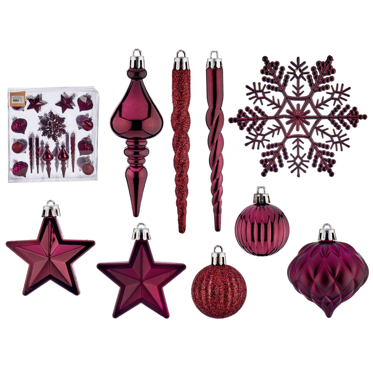 Krist+ ornamenten set 32x wijn-bordeaux rood kunststof Kersthangers