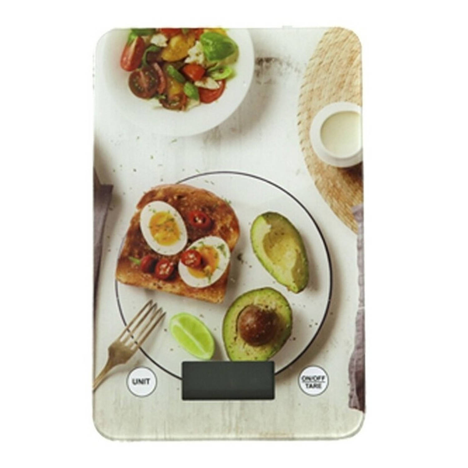 Digitale keukenweegschaal met ontbijt druk RVS 23 x 15 cm Keukenweegschaal