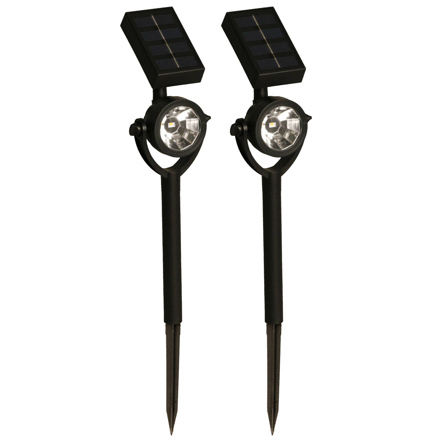 Solar tuinlamp/spotlamp - 2x - zwart - LED Softtone effect - oplaadbaar - L8 x B5,5 x H35 cm - Fakkels