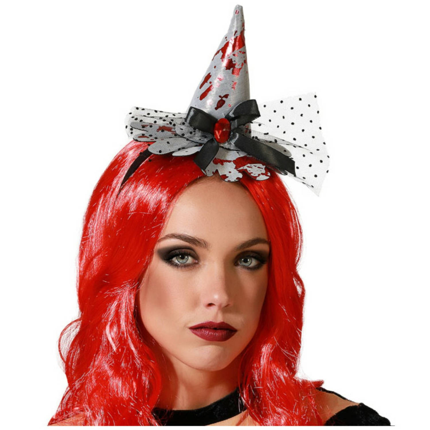 Halloween heksenhoed - mini hoedje op diadeem - one size - zilver/bloed - meisjes/dames