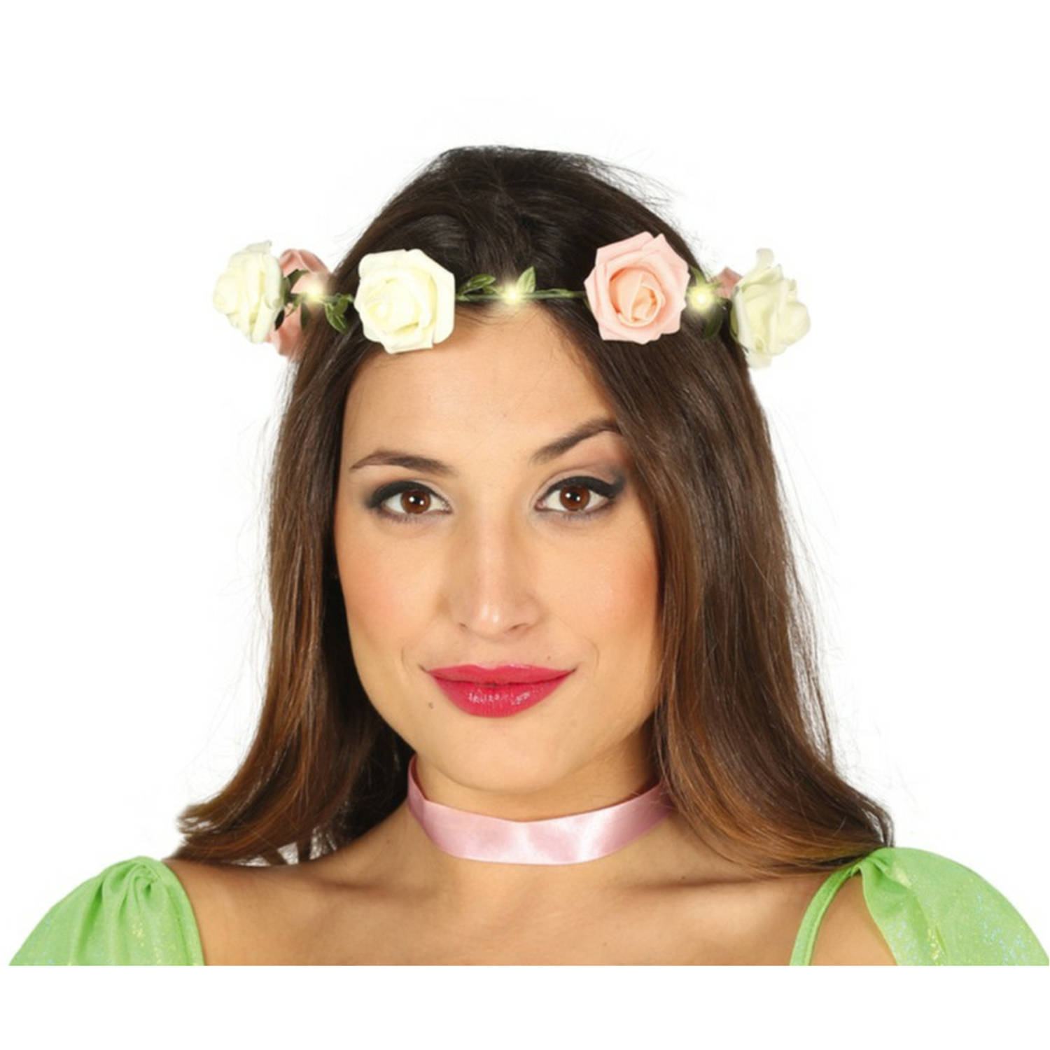 Fiestas Verkleed haarband met bloemen en lampjes roze meisjes-dames Flower Power Verkleedhaardecorat