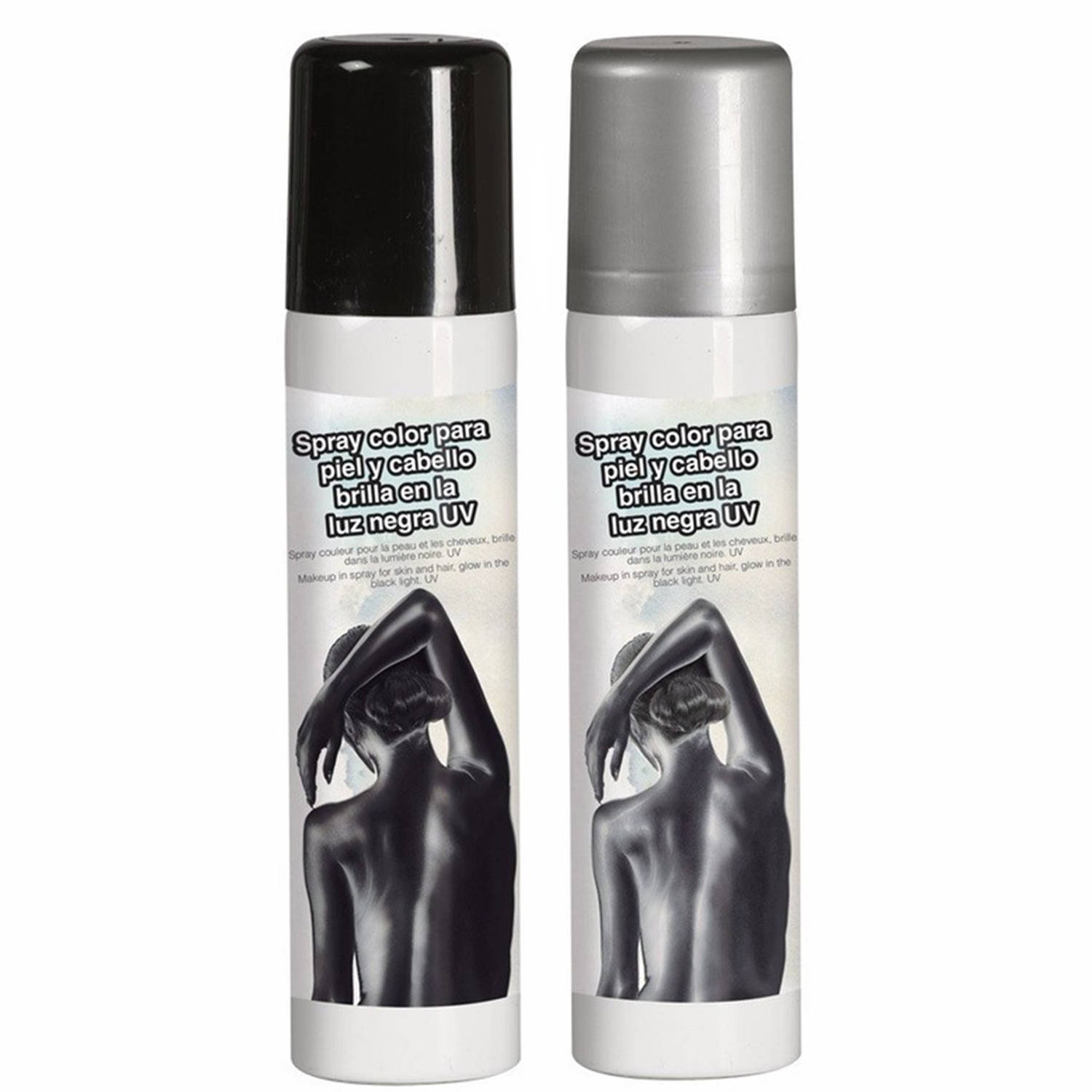 Guirca Haarspray-bodypaint spray 2x kleuren zilver en zwart 75 ml Verkleedhaarkleuring