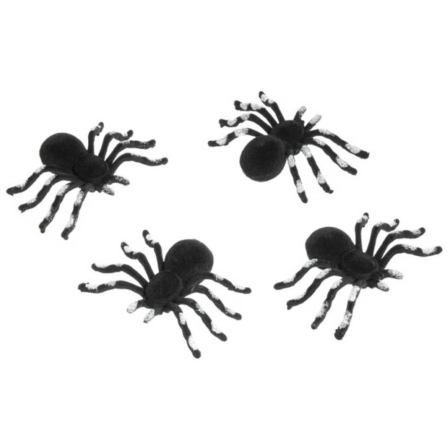 Chaks nep spinnen 10 cm - zwart/zilver - 4x stuks - velvet/fluweel - Horror/griezel thema decoratie