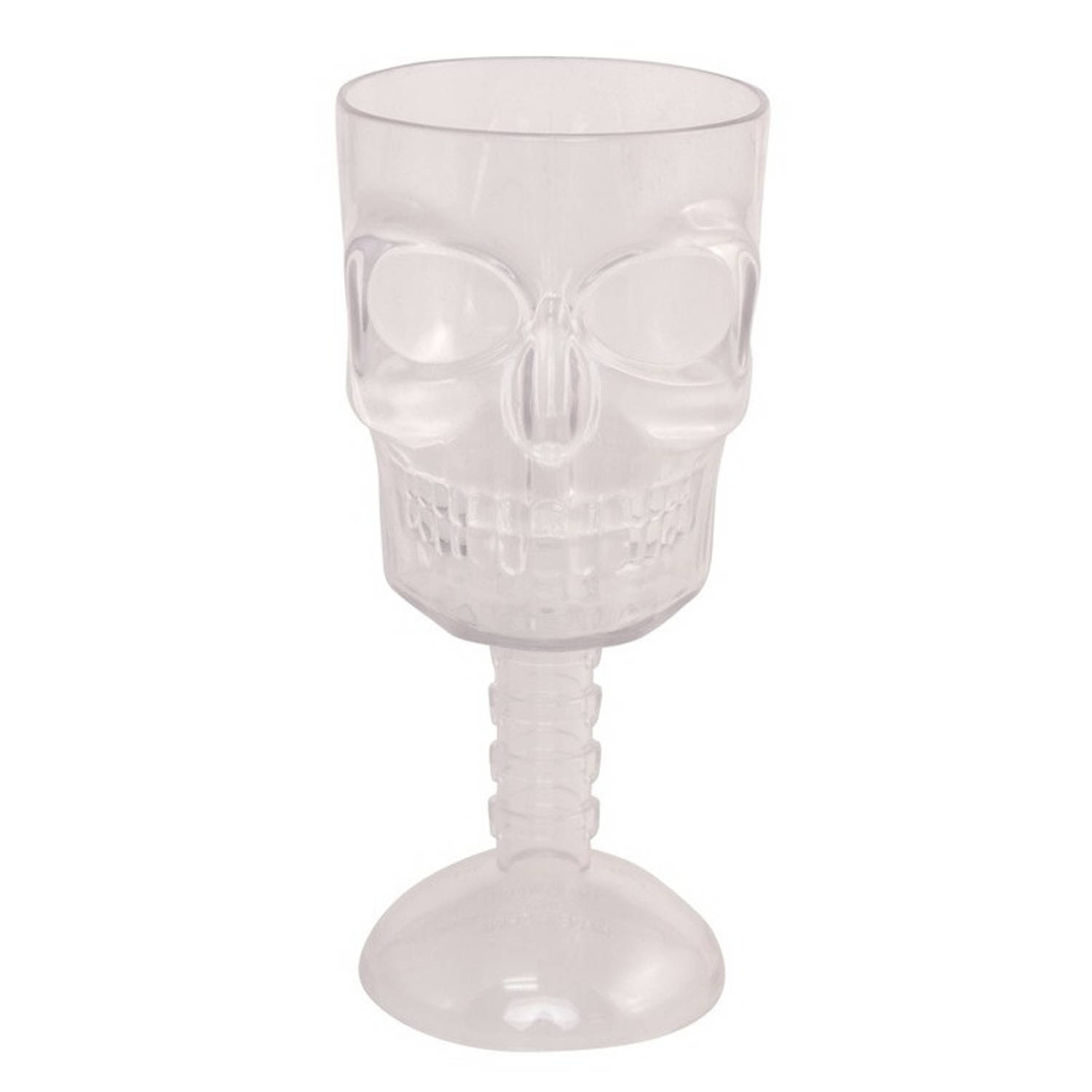 Halloween 3D Doodshoofd glas - plastic transparant - 350 ml - Halloween/horror tafel dekken - Plastic glazen/wijnglazen