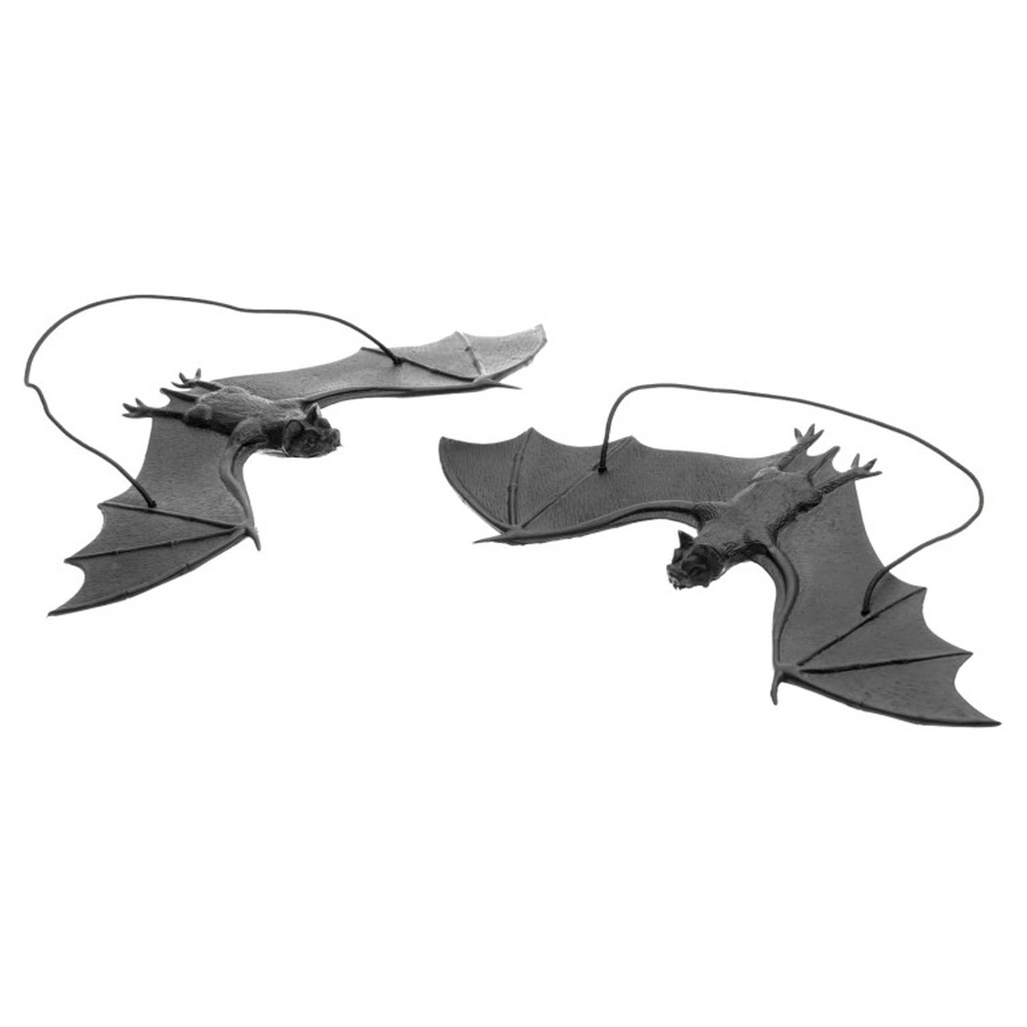 Chaks nep vleermuizen hangend - 23 cm - zwart - 2x stuks - griezel/horror thema decoratie dieren