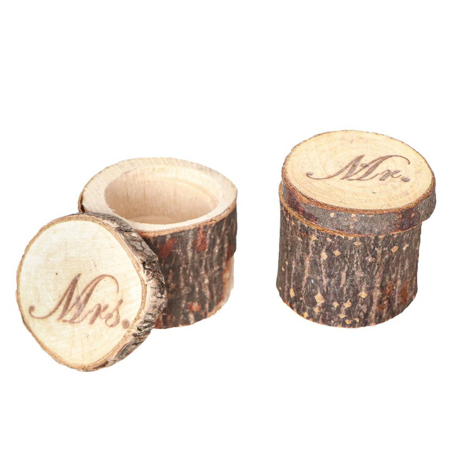 Chaks Bruiloft/huwelijk trouwringen boomstammetje hout - MR & MRS - alternatief ringdoosje - D6 x H4 cm