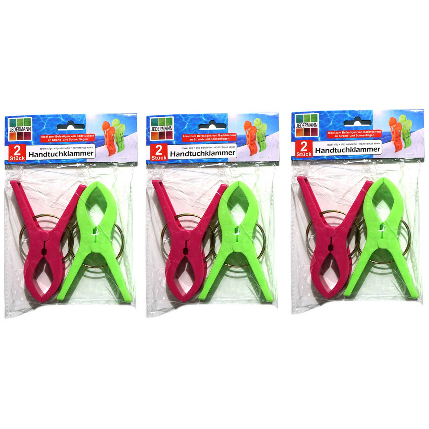 Jedermann Handdoekknijpers XL - 6x - groen/roze - kunststof - 12 cm - Handdoekknijpers