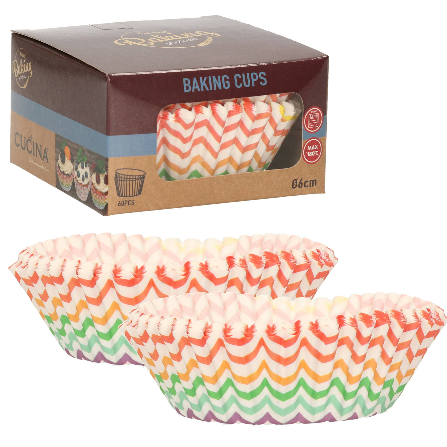 Muffin en cupcakes maken vormpjes - 3x - papier - gekleurd zig-zag - set 180x stuks - 6 cm - Muffinvormen / cupcakevorme