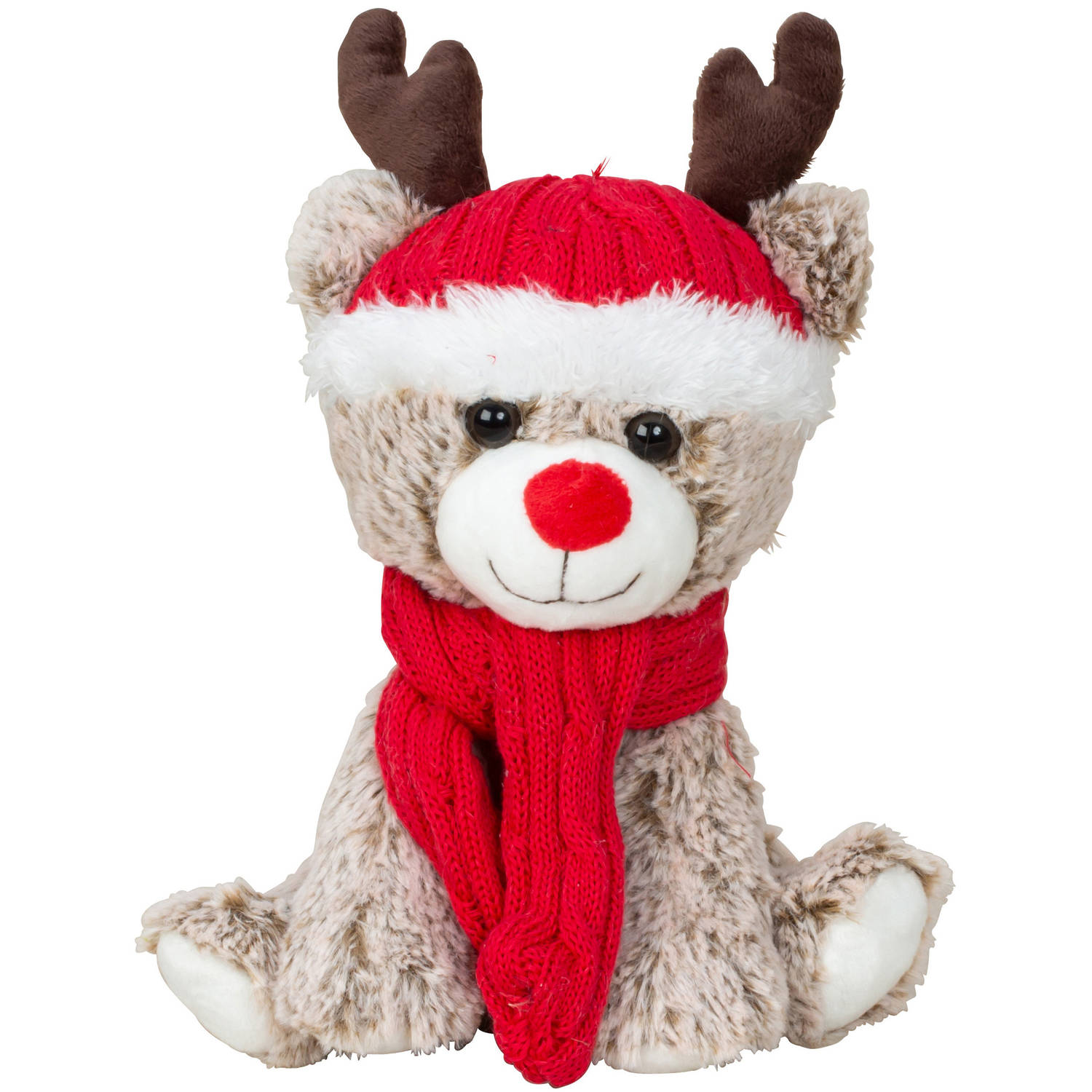 Pluche rendier knuffel - 25 cm - met rode muts en sjaal - knuffeldier