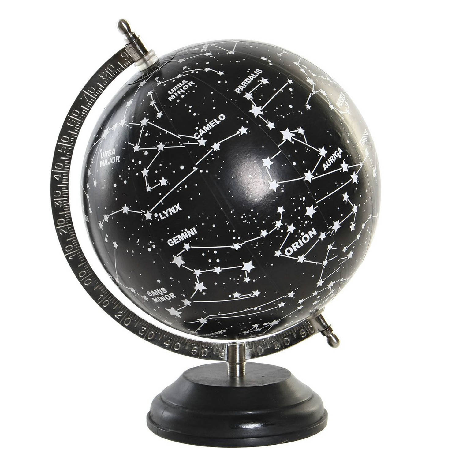 Decoratie wereldbol-globe sterrenhemel zwart op aluminium voet 28 x 22 cm Wereldbollen