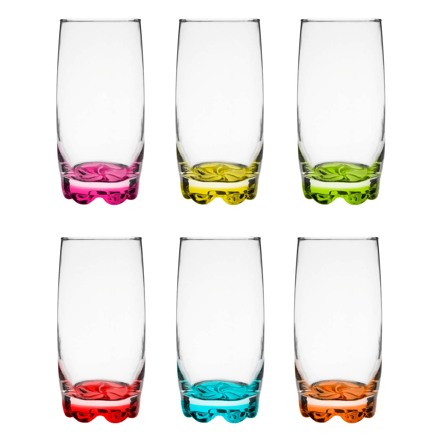 Glasmark longdrink/waterglazen Tumblers - glas - gekleurde basis - 6x stuks - 350 ml