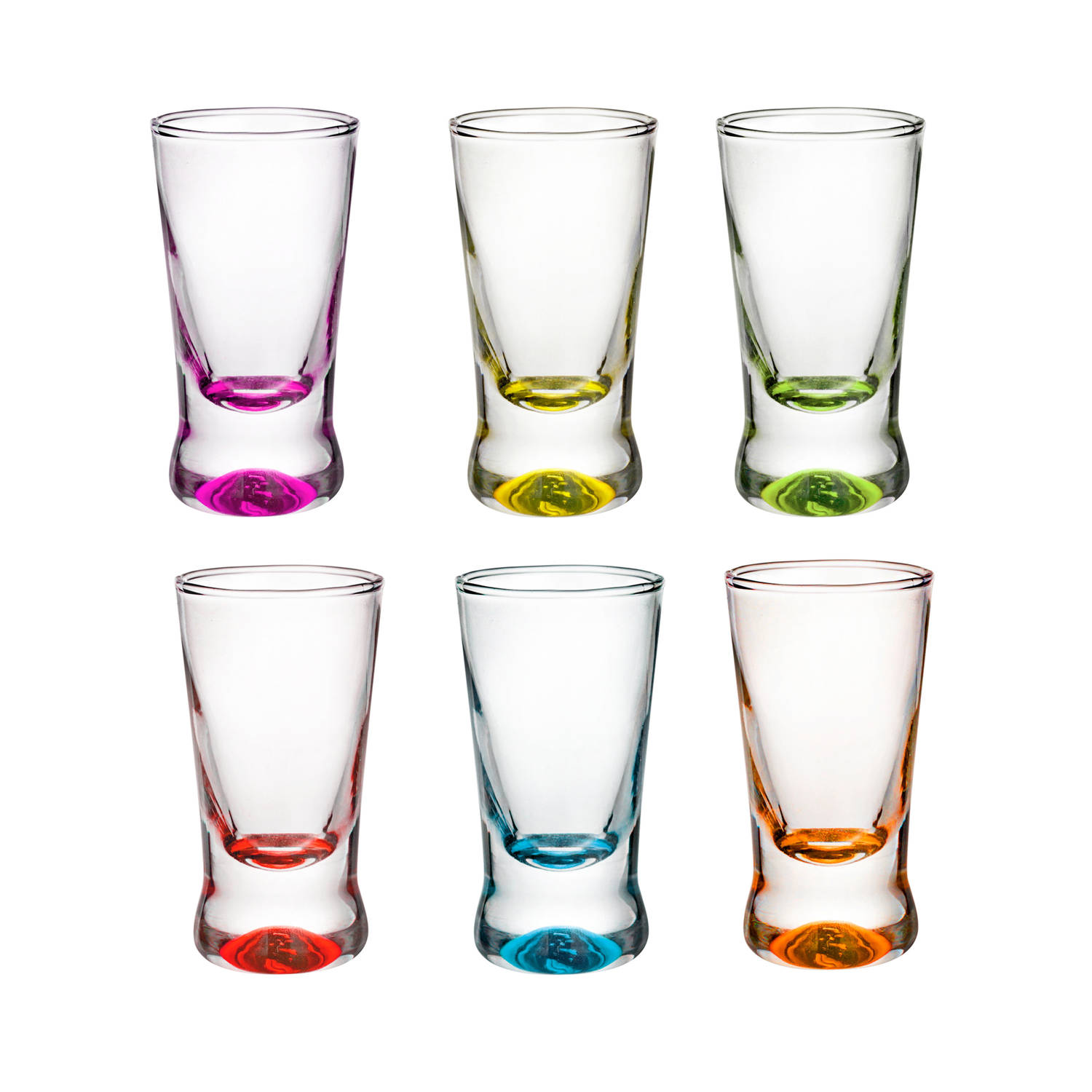 Glasmark Shotglaasjes/borrelglazen - glas - gekleurde onderzijde - 6x stuks - 25 ml - shotjes