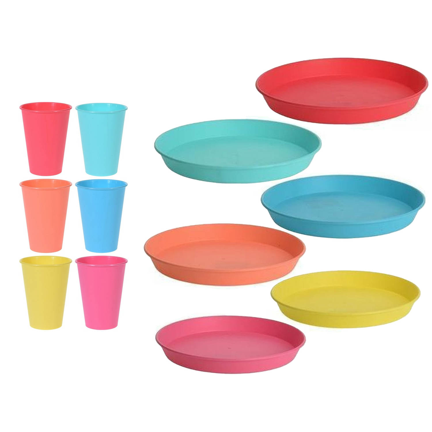 Borden en beker servies set 12-delig onbreekbaar kunststof kleurenmix Bordjes