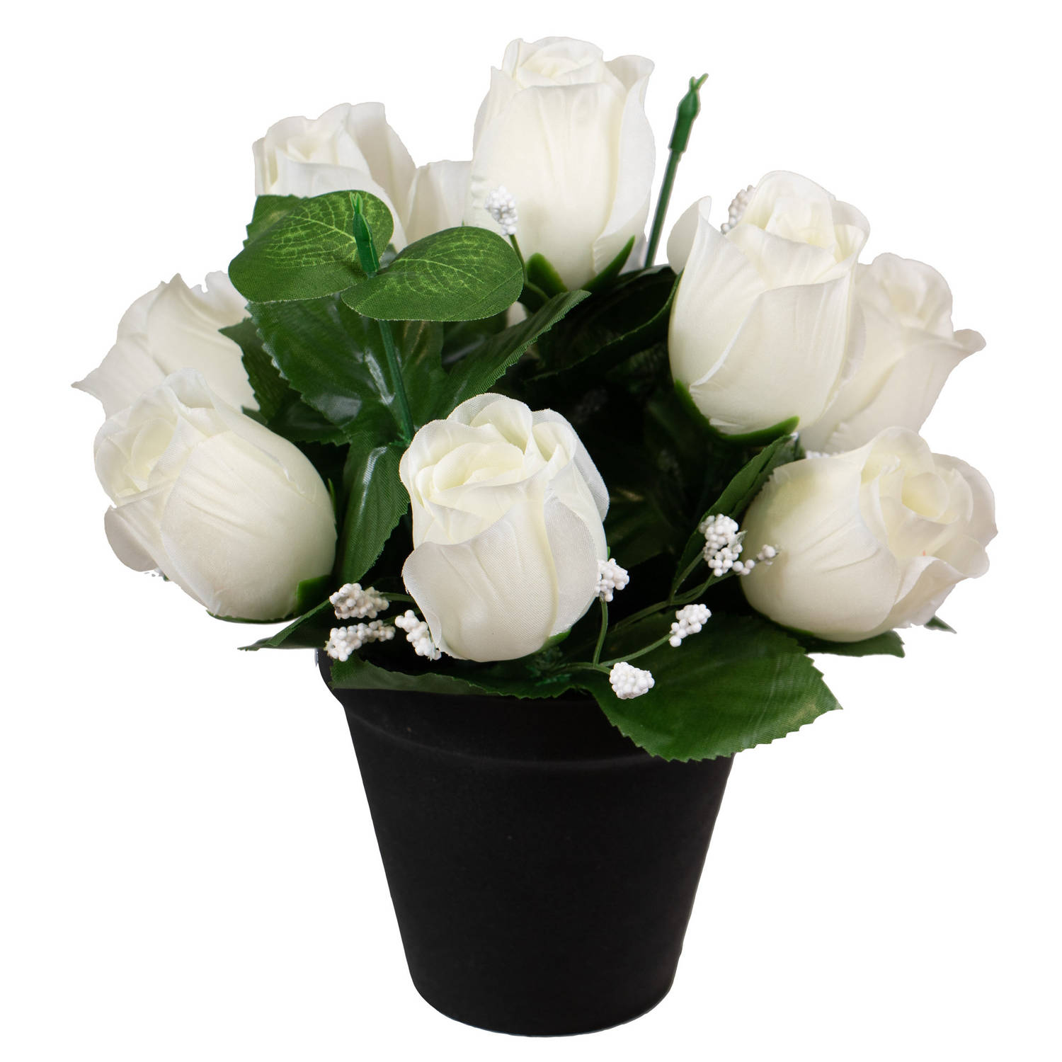 Louis Maes Kunstbloemen klein boeketje rozen in pot - wit - H25 cm - Bloemstuk - Bladgroen