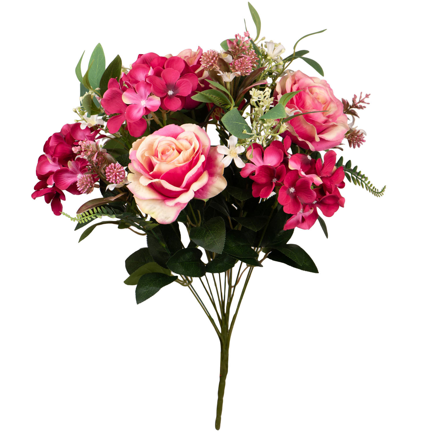 Louis Maes Kunstbloemen boeket rozen/hortensia met bladgroen - roze - H52 cm - Bloemstuk