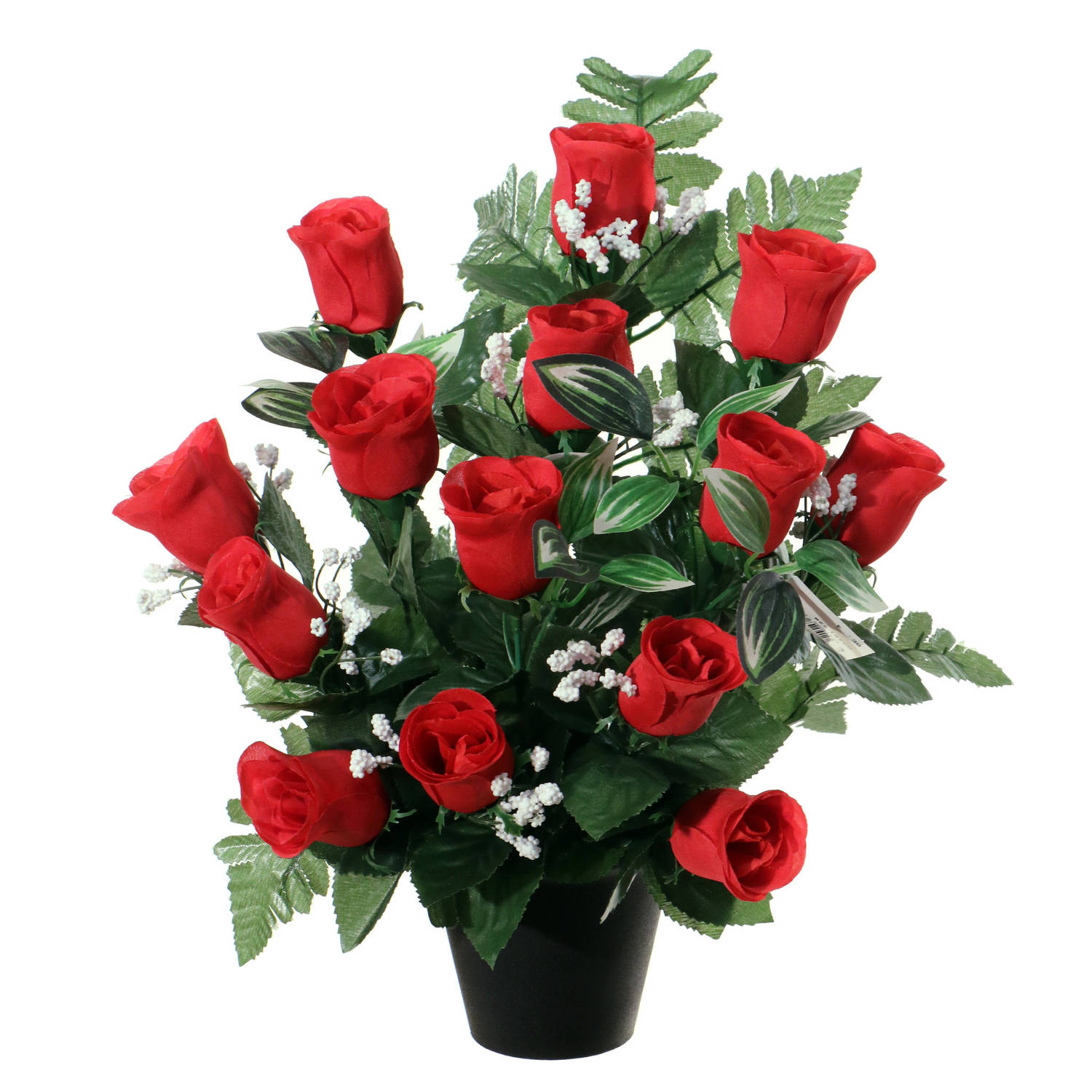 Louis Maes Kunstbloemen in pot - rood - H35 cm - Bloemstuk ornament - rozen/gipskruid met bladgroen