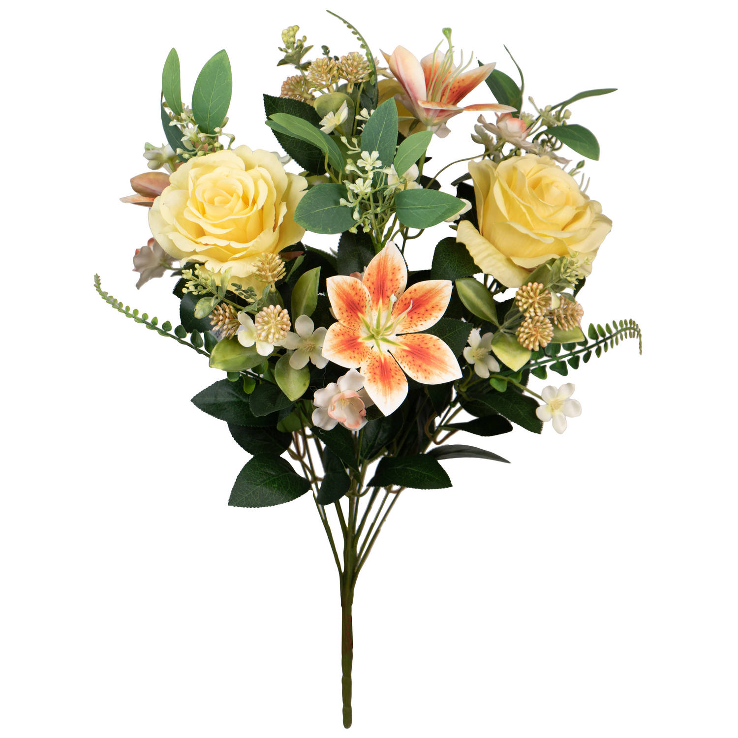 Louis Maes Kunstbloemen boeket rozen/lelie met bladgroen - geel - H50 cm - Bloemstuk