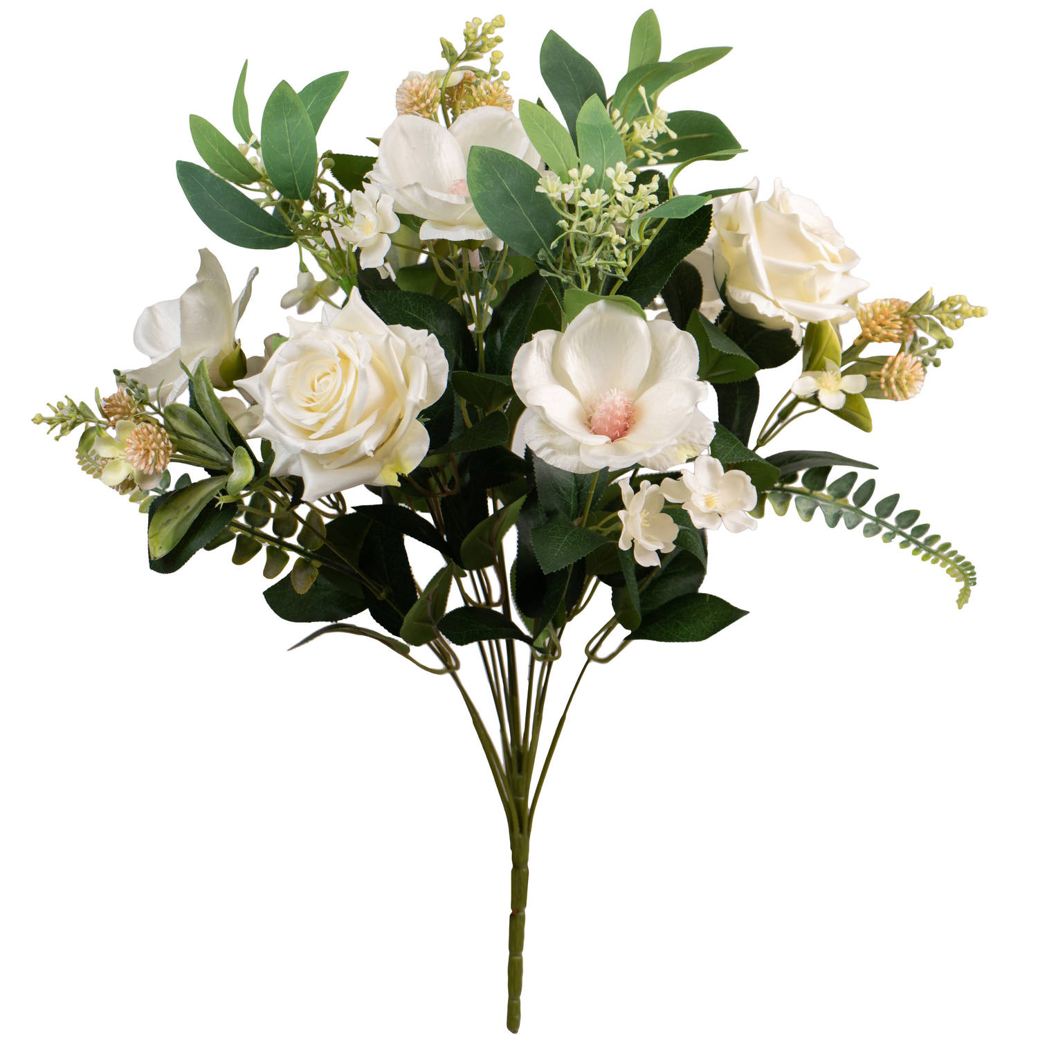 Louis Maes Kunstbloemen boeket rozen/magnolia met bladgroen - wit - H50 cm - Bloemstuk
