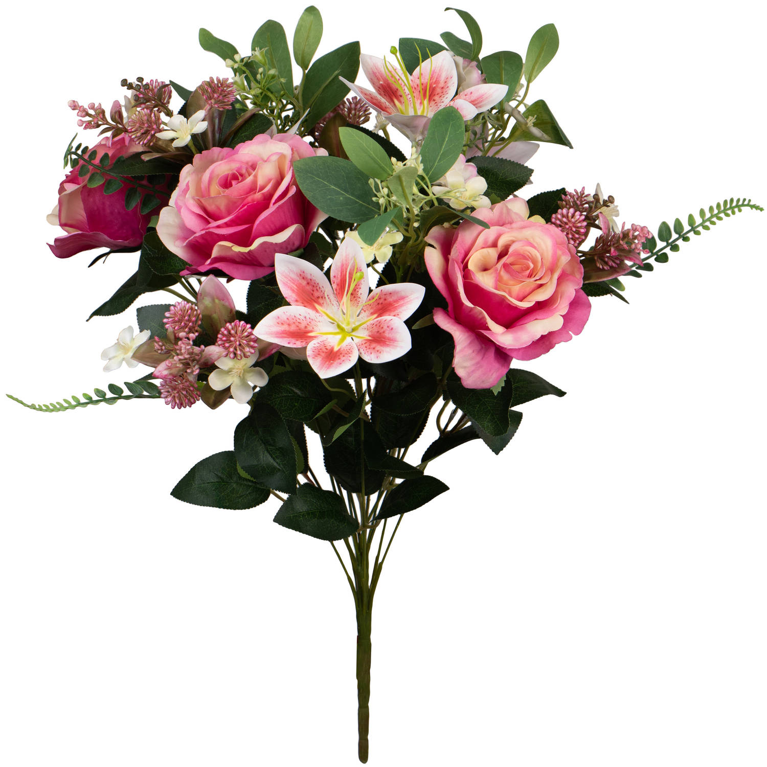 Louis Maes Kunstbloemen boeket rozen/lelie met bladgroen - roze - H50 cm - Bloemstuk
