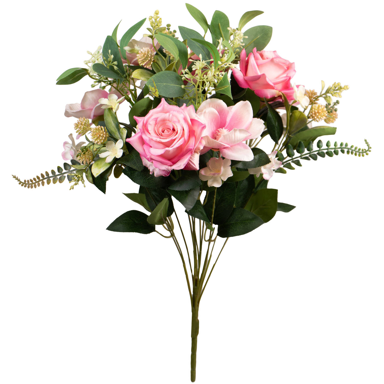 Louis Maes Kunstbloemen boeket rozen/magnolia met bladgroen - roze - H50 cm - Bloemstuk
