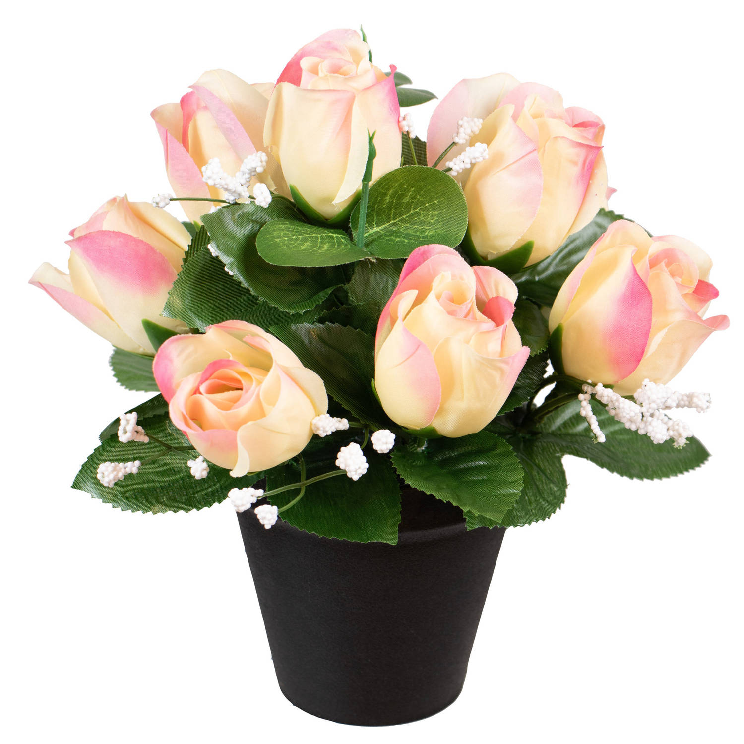 Louis Maes Kunstbloemen klein boeketje rozen in pot - creme/lichtroze - H25 cm - Bloemstuk - Bladgroen