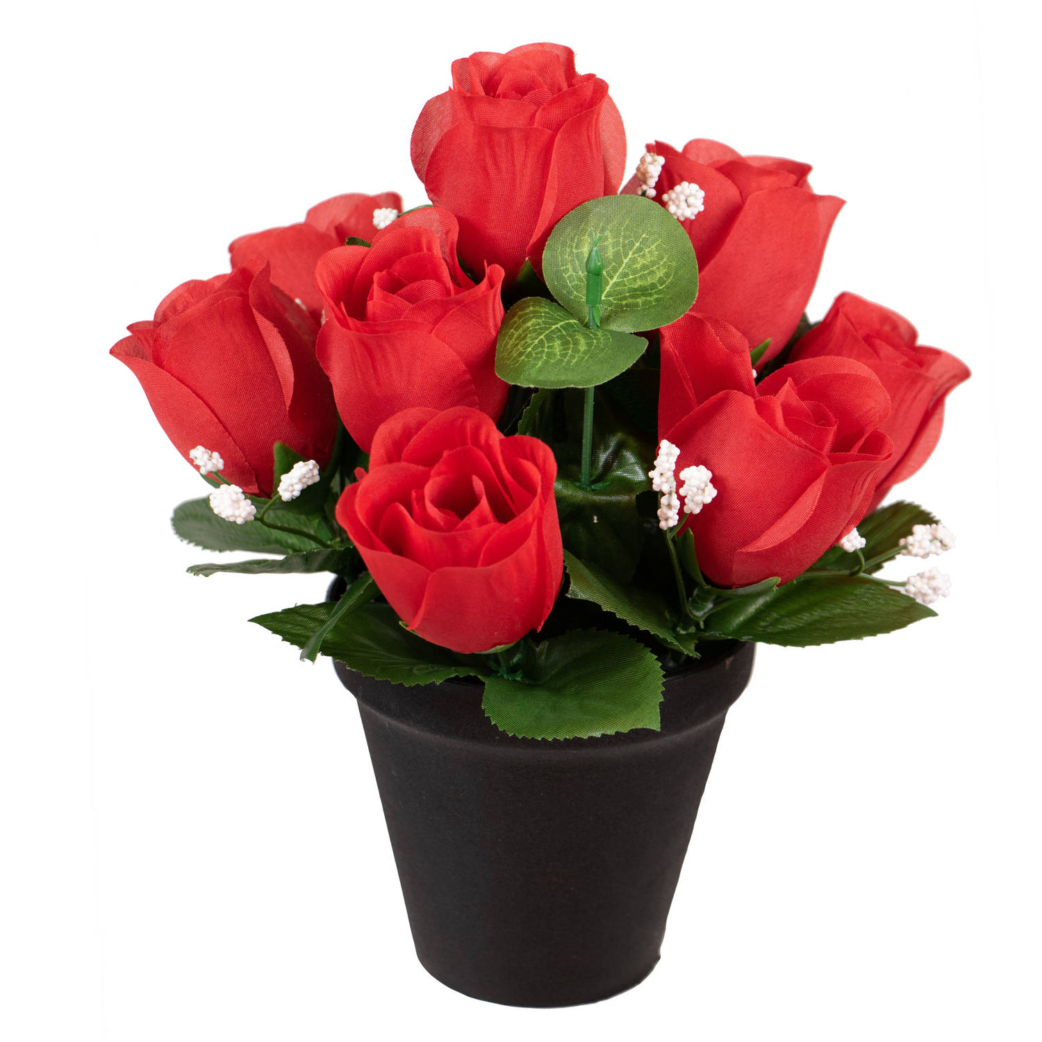 Louis Maes Kunstbloemen klein boeketje rozen in pot - rood - H25 cm - Bloemstuk - Bladgroen