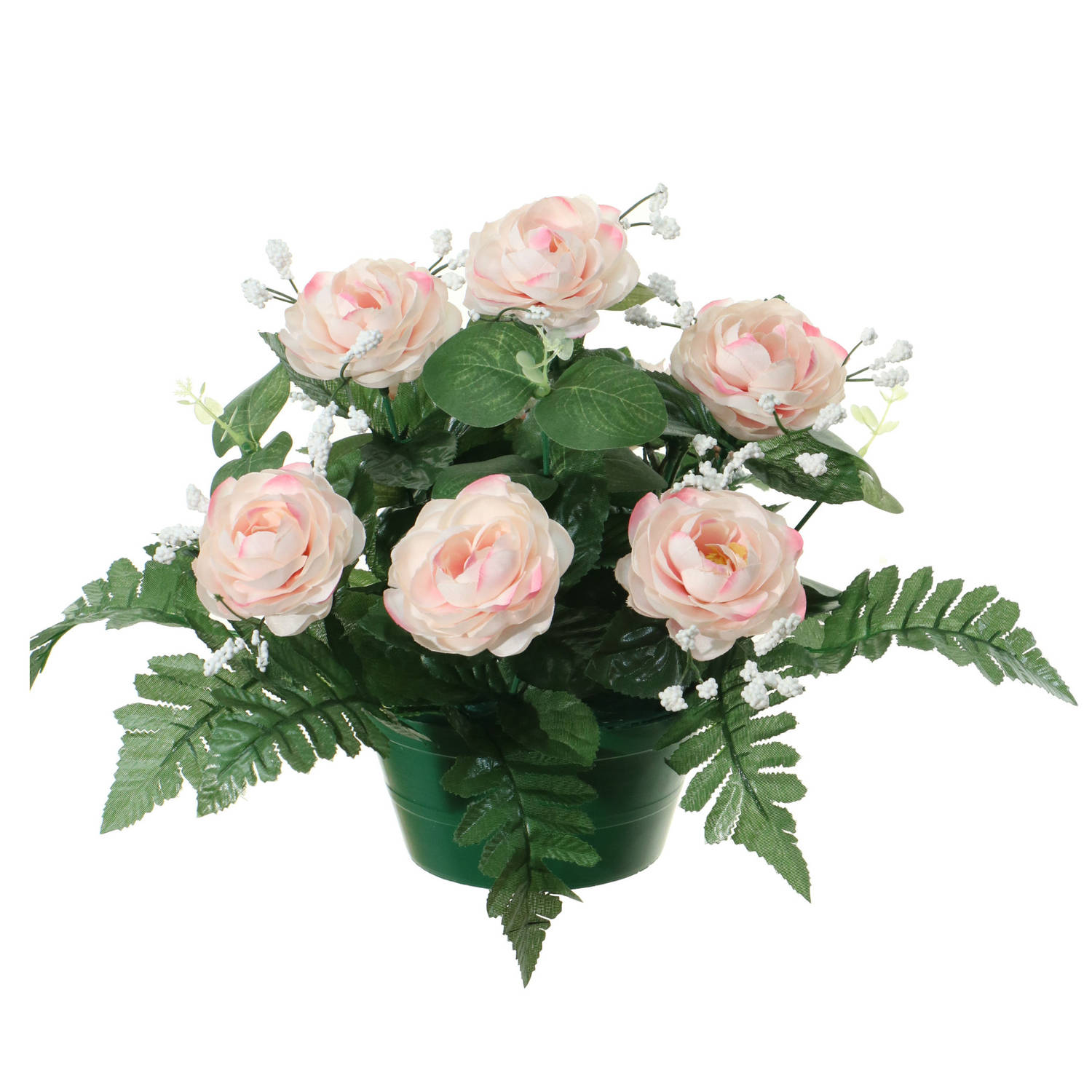 Louis Maes Kunstbloemen plantje in pot - lichtroze - 25 cm - Bloemstuk ornament - rozen met bladgroen