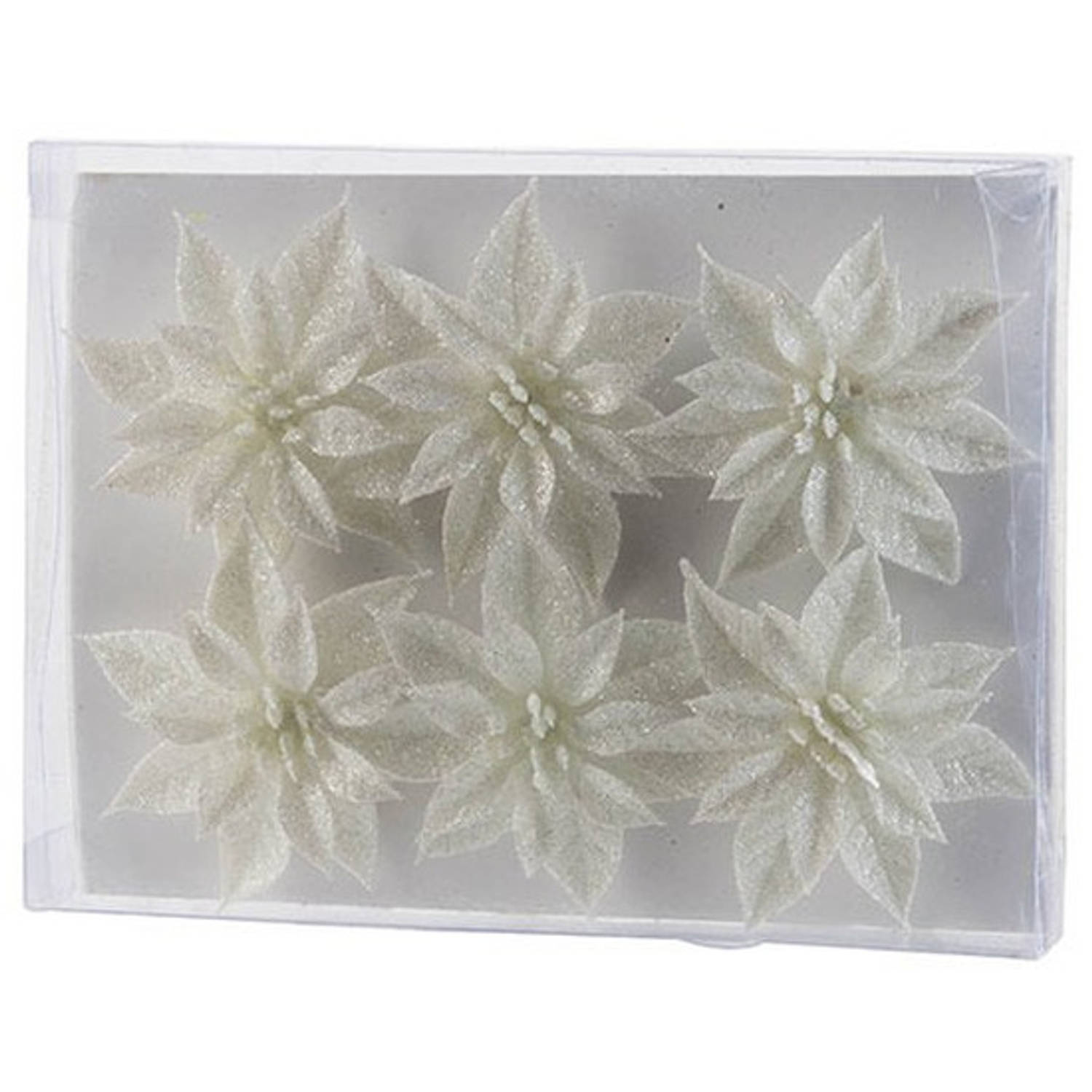 6x Kerstboomversiering witte glitter kerstrozen op ijzerdraad 8 cm Kunstbloemen