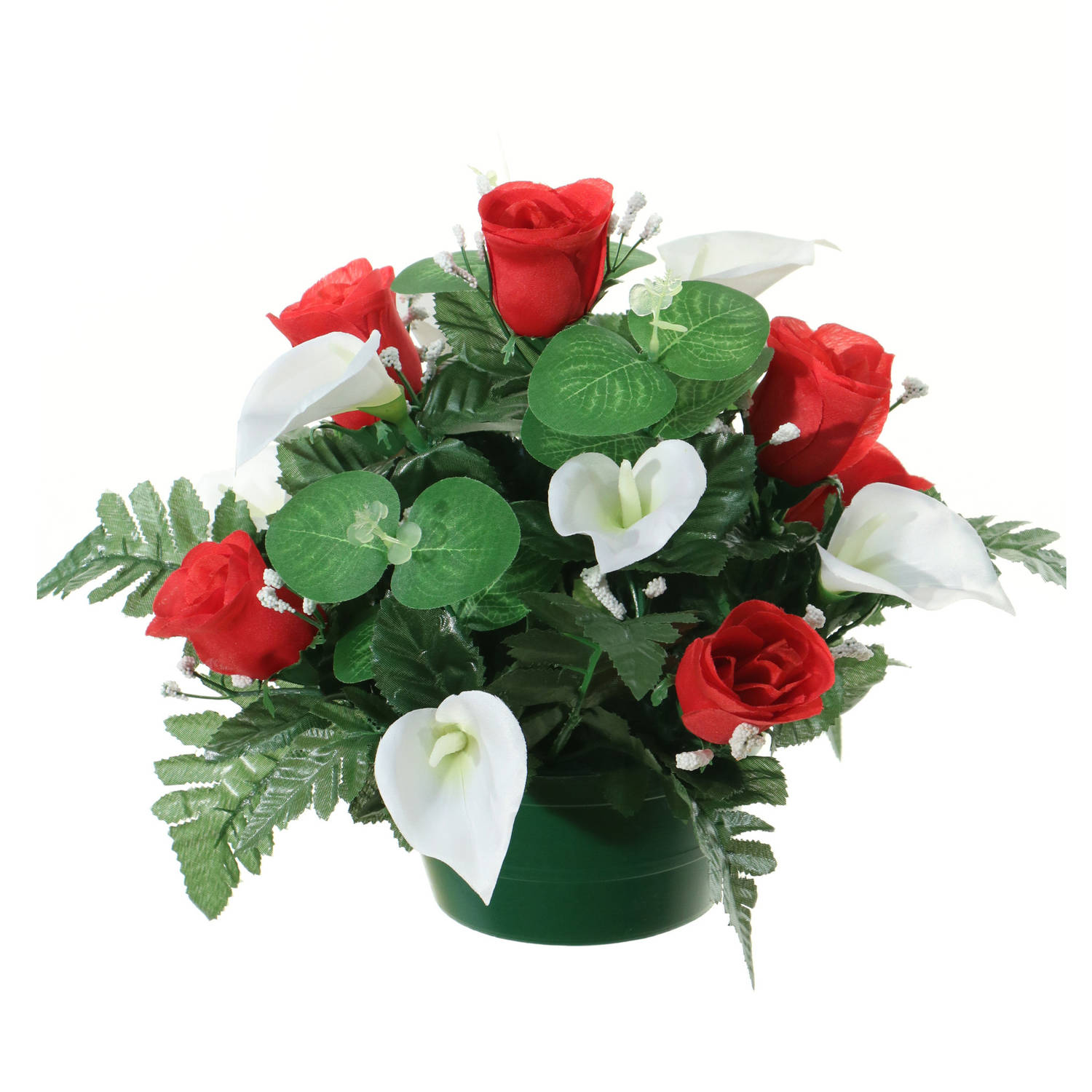 Louis Maes Kunstbloemen plantje in pot - wit/rood - 26 cm - Bloemstuk ornament - rozen met bladgroen