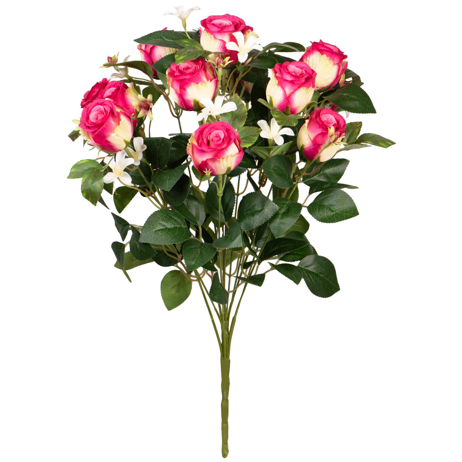Louis Maes Kunstbloemen boeket rozen/bloesem met bladgroen - cerise - H49 cm - Bloemstuk