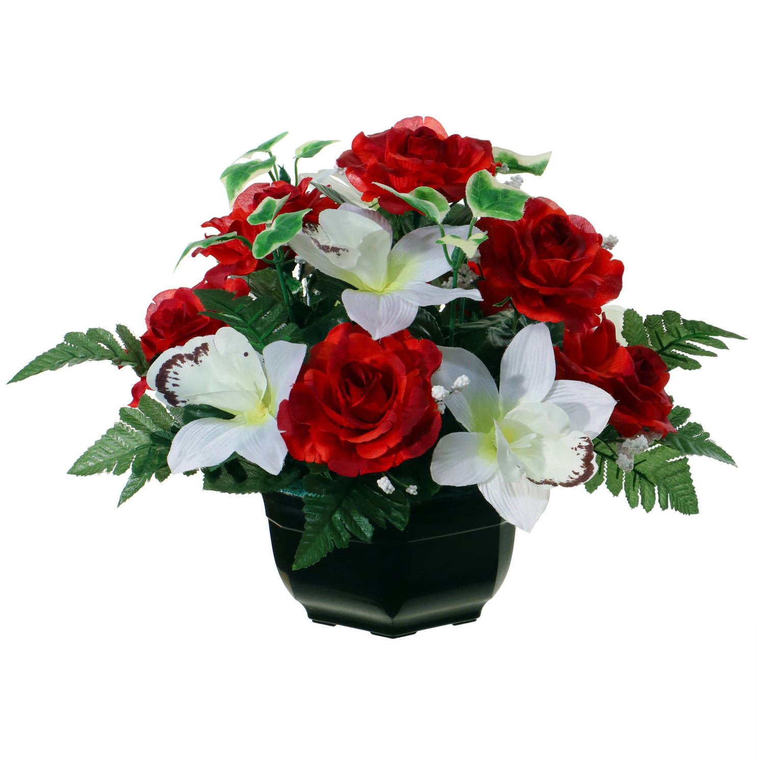 Louis Maes Kunstbloemen plantje in pot - kleuren rood/wit - 25 cm - Bloemstuk ornament - orchidee/rozen met bladgroen