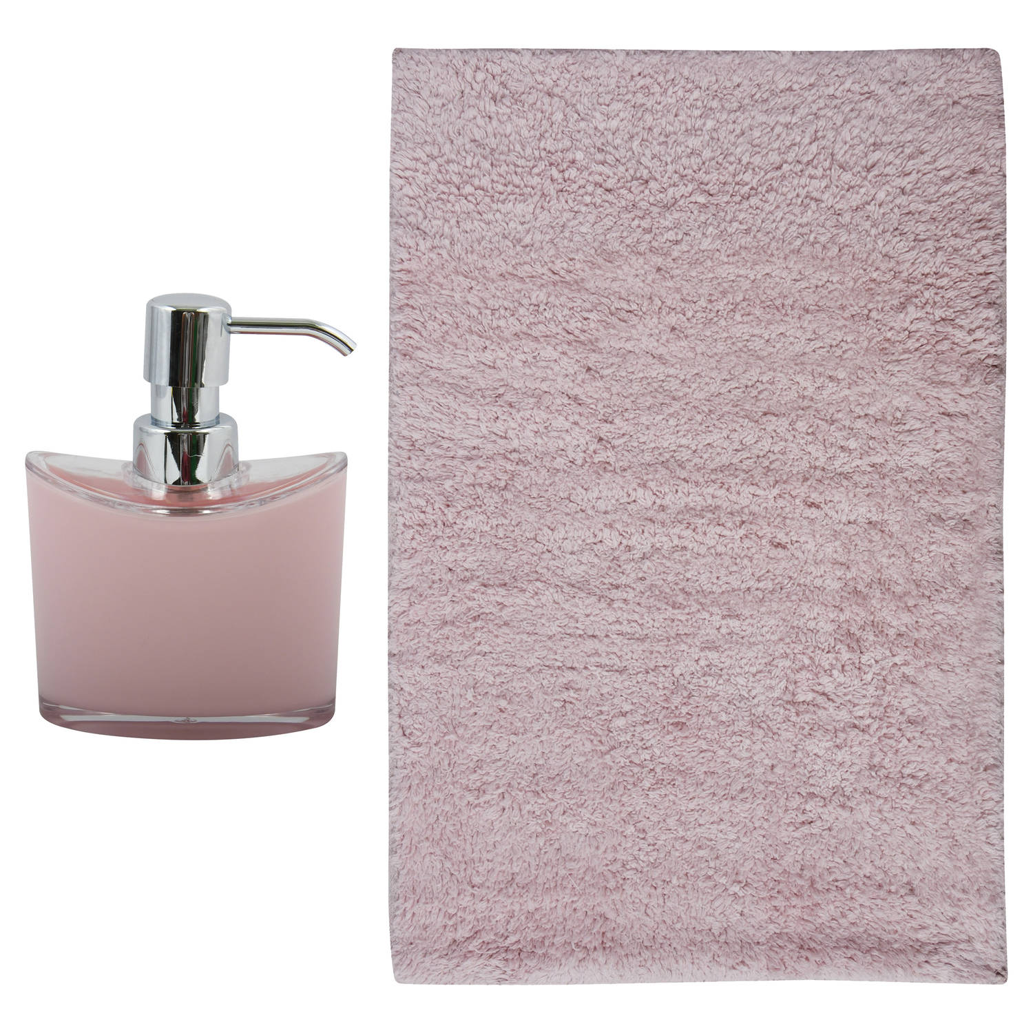 MSV badkamer droogloop mat-tapijt Bologna 45 x 70 cm bijpassende kleur zeeppompje lichtroze Badmatje
