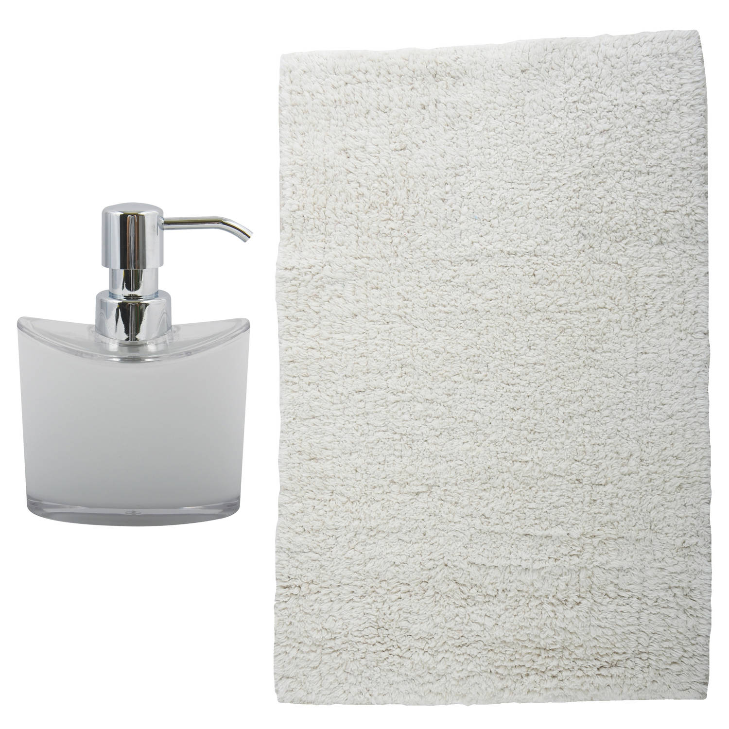 MSV badkamer droogloop mat-tapijt Bologna 45 x 70 cm bijpassende kleur zeeppompje ivoor wit Badmatje