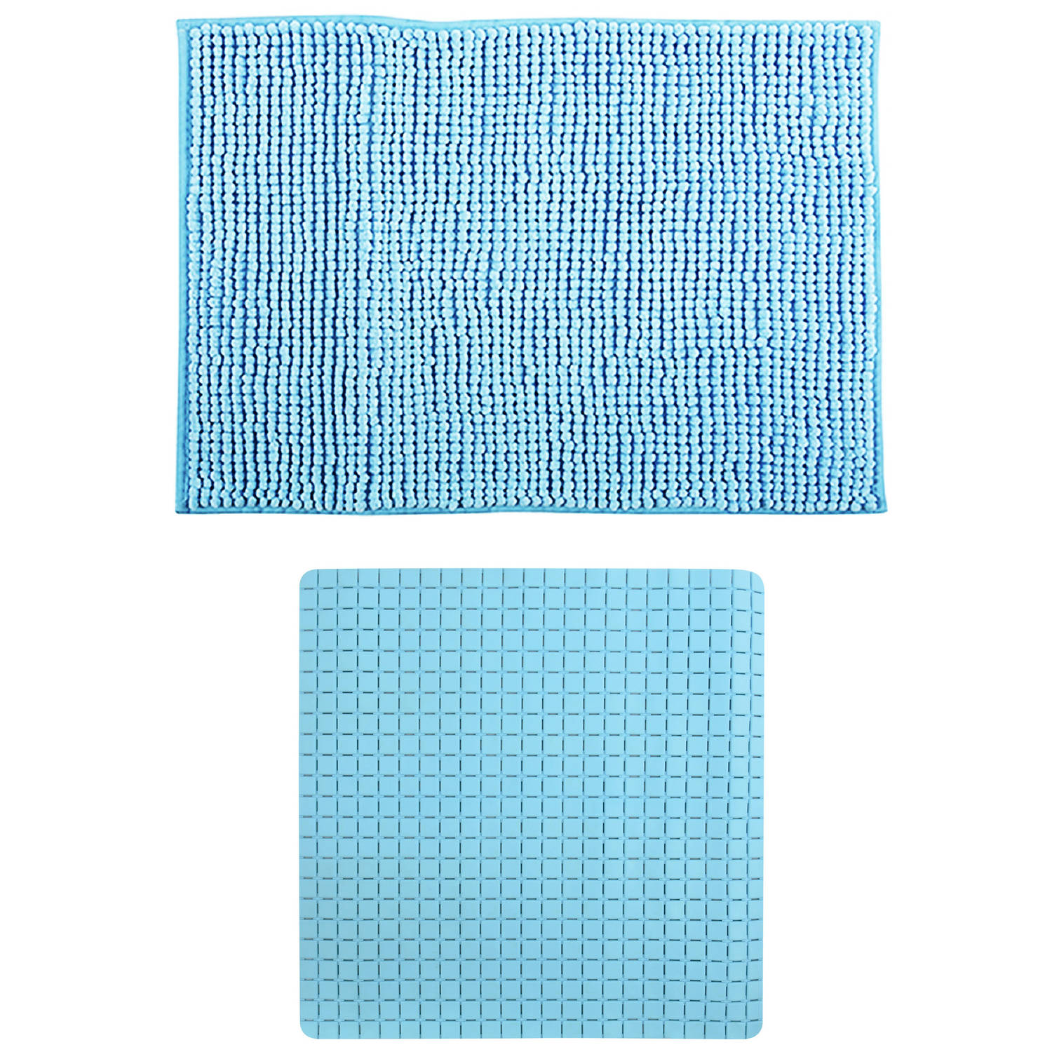 MSV Douche anti-slip mat en droogloop mat Sevilla badkamer set rubber-microvezel lichtblauw Badmatje