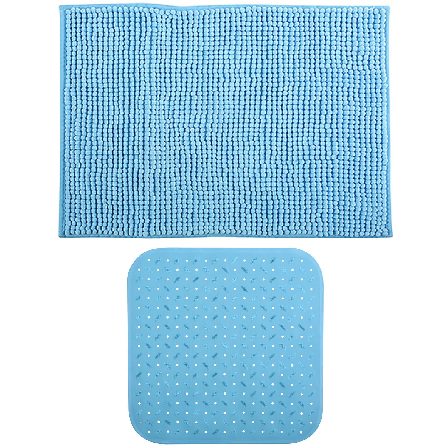 MSV Douche anti-slip mat en droogloop mat Sevilla badkamer set rubber-microvezel lichtblauw Badmatje